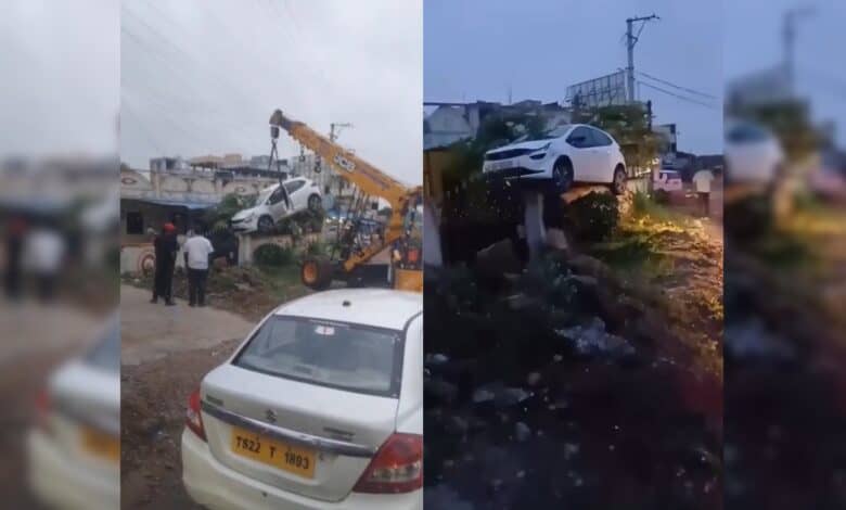 Car climbs on wall in Medchal near Hyderabad, crane removes it