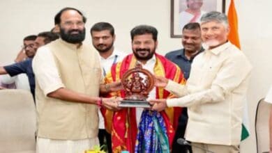 The image shows AP and Telangana chief ministers meeting in Delhi to discuss inter-state water-sharing issues before union Jal Shakti minister CR Patil in Delhi on Wednesday, July 16, 2025.