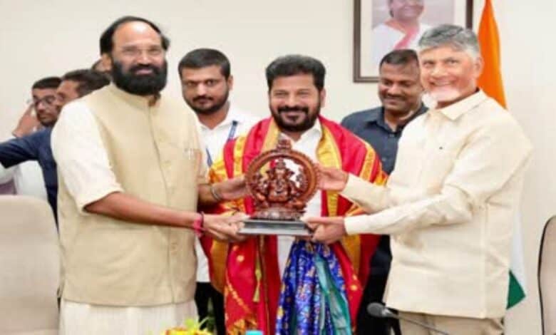 The image shows AP and Telangana chief ministers meeting in Delhi to discuss inter-state water-sharing issues before union Jal Shakti minister CR Patil in Delhi on Wednesday, July 16, 2025.