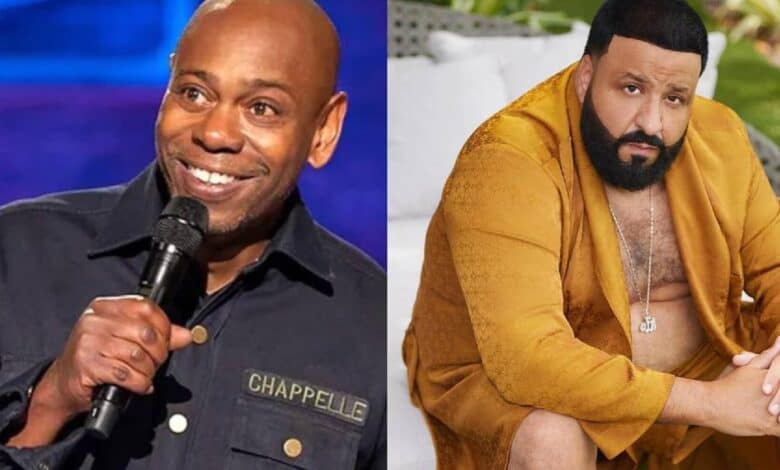 Dave Chappelle (left) holding a microphone and smiling during a performance, and DJ Khaled (right) seated outdoors in a gold outfit with a serious expression.