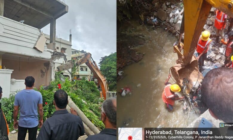 The HYDRAA MET and DRF teams remove waste and silt from the storm water drains, and clear nala encroachments in GHMC areas on Friday, July 4, 2025.
