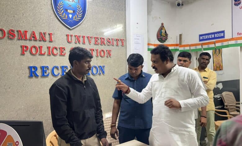 MLA at Osmania University police station in Hyderabad.