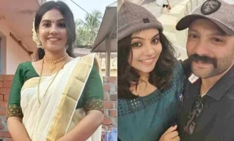 Athulya Sekhar in a saree (left) and with husband Satheesh in a cap (right), both smiling.