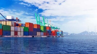 Stacked shipping containers at a busy seaport with cranes by the water.