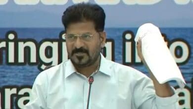 The image shows Telangana CM A Revanth Reddy addressing Congress MLAs, MLCs and leaders on Polavaram-Banakacherla Link Project, at Praja Bhavan on Tuesday, July 1, 2025.