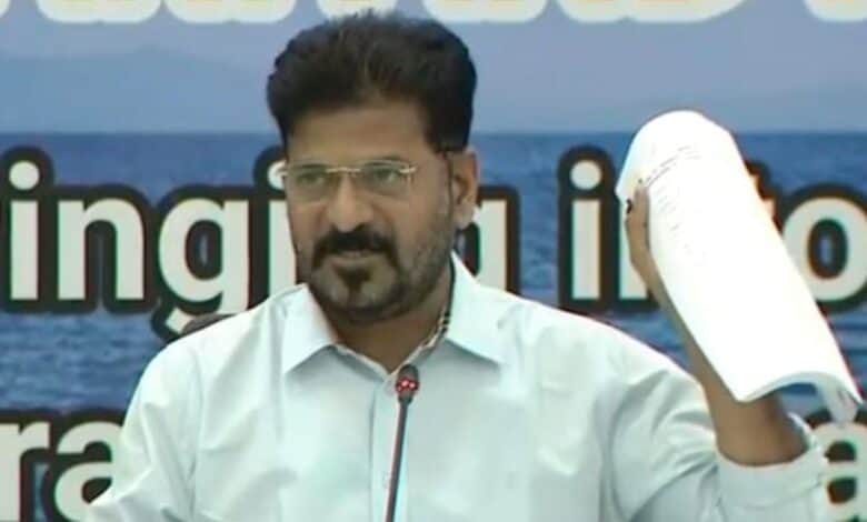 The image shows Telangana CM A Revanth Reddy addressing Congress MLAs, MLCs and leaders on Polavaram-Banakacherla Link Project, at Praja Bhavan on Tuesday, July 1, 2025.