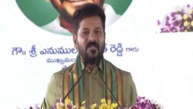Revanth Reddy addresses a gathering during Vana Mahotsavam programme