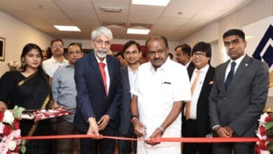 Union Minister H D Kumaraswamy cuts the ribbon at the inauguration of SAIL's Dubai office, joined by SAIL CMD Amarendu Prakash, Consul General Satish Kumar Sivan, and senior officials.