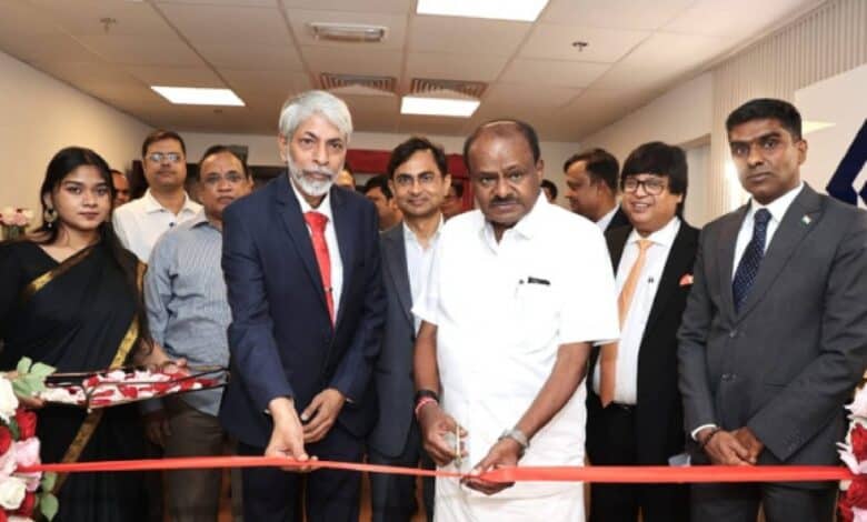 Union Minister H D Kumaraswamy cuts the ribbon at the inauguration of SAIL's Dubai office, joined by SAIL CMD Amarendu Prakash, Consul General Satish Kumar Sivan, and senior officials.