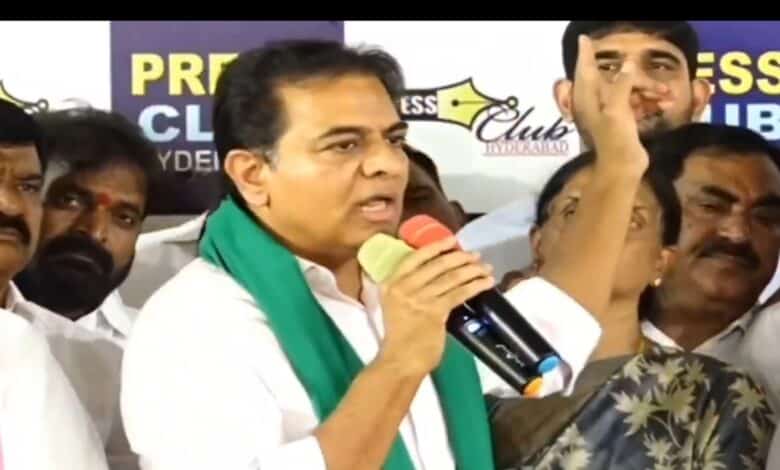 KTR addresses a meeting at the Hyderabad Press Club