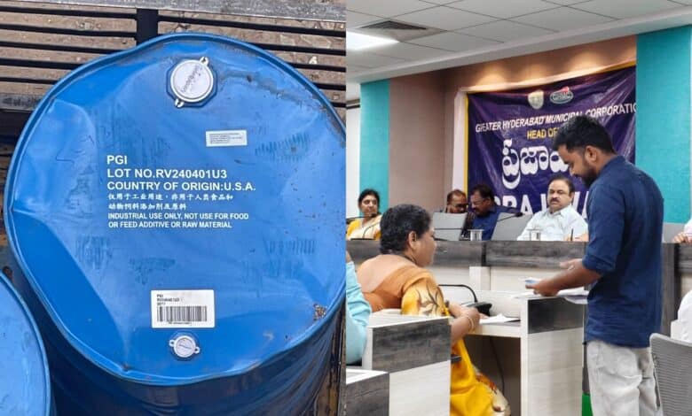 The image shows P Sharath Kumar, representing the issue of food and air pollution near his apartments to GHMC authorities during Prajavani on Monday, July 14, 2025.