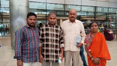 Saibaba with NRI Advisory Committee vice chairman Mand Bheem Reddy and family members after Saudi repatriation.