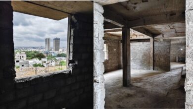 The image shows incompletely built 2bhk houses in Bojagutta slums near Mehdipatnam.