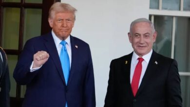 Donald Trump and Benjamin Netanyahu pose outside the White House during US visit.