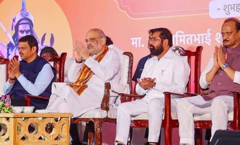 Union Home Minister Amit Shah with Maharashtra CM Devendra Fadnavis and Deputy CMs Eknath Shinde and Ajit Pawar