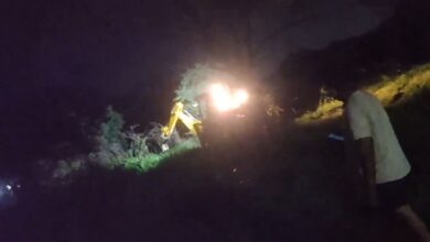 A bulldozer seen removing plantations at the Botanical Garden of Telangana Agricultural University in Hyderabad on the intervening night of Saturday and Sunday