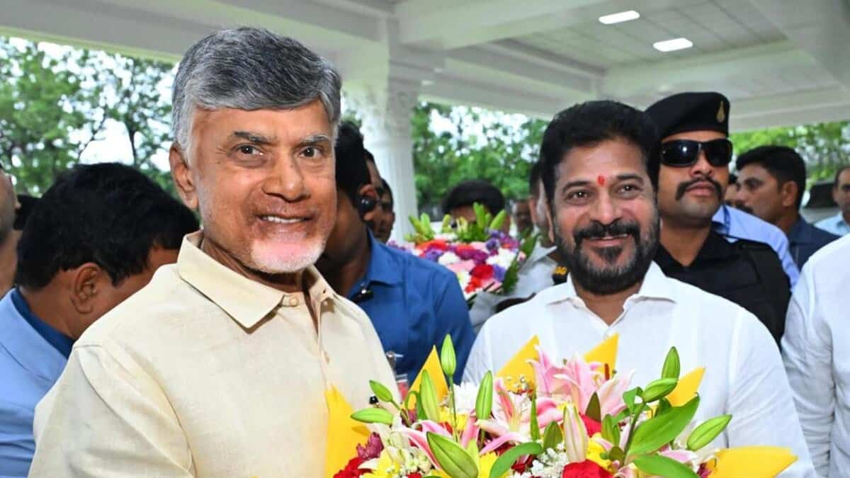 Telangana CM Revanth Reddy with his Andhra Pradesh counterpart Chandrababu Naidu