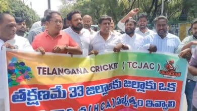 Members of Telangana Cricket Joint Action Committee protest in Hyderabad