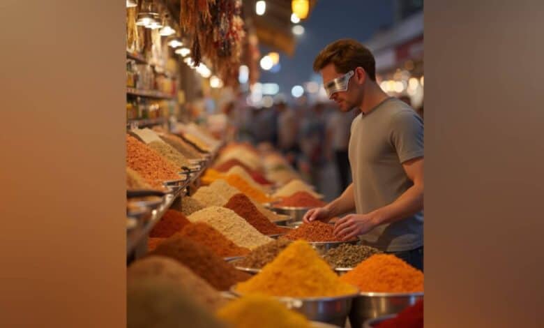 The image of a man wearing futuristic smart glasses examines colourful spices at a market stall, representing AI chef Aiman’s ability to analyse ingredients.