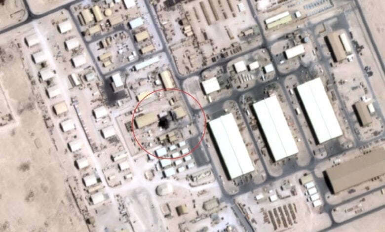 Satellite image taken on June 24 shows possible damage at a sensitive communications site within the US Al Udeid Airbase in Qatar, following an Iranian missile strike on 23 June. The area of interest is marked with a red circle.