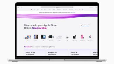 Laptop screen displaying Apple’s official online store homepage for Saudi Arabia, featuring product categories like Mac, iPhone, iPad, Apple Watch, and AirPods.