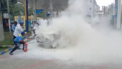 car catches fire in front of petrol pump in Mailardevpally