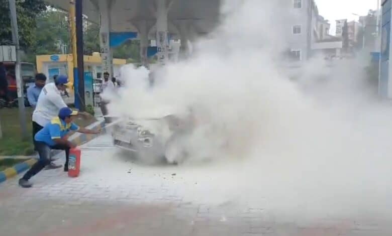 car catches fire in front of petrol pump in Mailardevpally