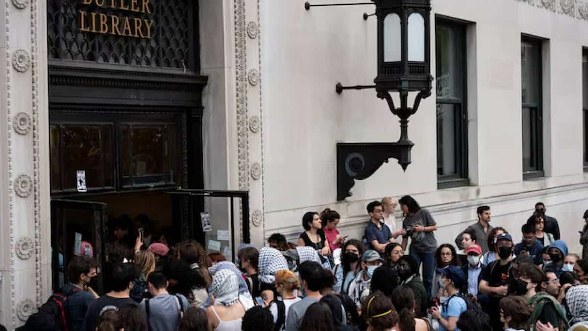 Pro-Palestinian students protest inside Butler Library at Columbia University, New York, May 2025.