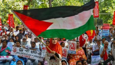 Woman waves Palestinian flag at Gaza ceasefire protest in New Delhi.