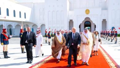 Lebanon’s President Joseph Aoun escorted by Bahrain’s Foreign Minister Al Zayani at Manama airport.