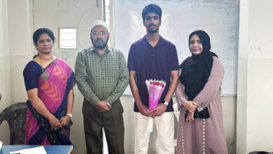 MS Junior College Principal presents an award to Mohammed Zuhair Hyder for his outstanding achievement in the CA Foundation Exam.