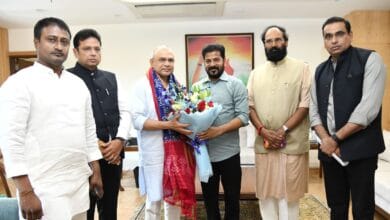 Image of Telangana CM Revanth Reddy with Telangana IT and irrigation ministers D Sridhar Babu and Uttam Kumar Reddy with Union minister Ashwini Vaishnaw