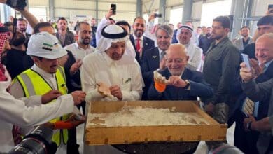 Saudi Investment Minister Khalid Al-Falih and officials inaugurating the first white cement factory in Adra Industrial City, Damascus, with a ceremonial groundbreaking.