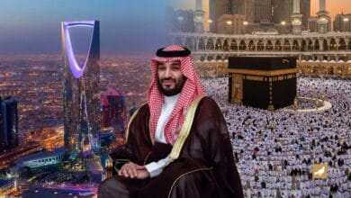 Crown Prince Mohammed bin Salman with Riyadh skyline and Kaaba in Makkah in the background.