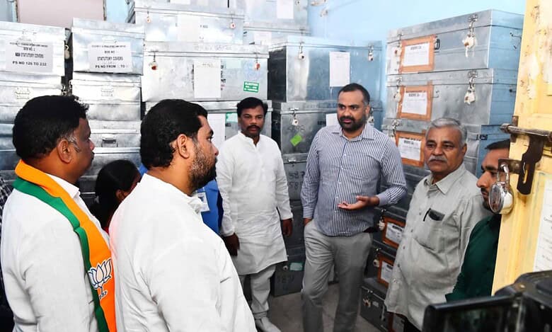 District Election Officer RV Karnan inspects EVM godown at Chudibazar in view of the upcoming Jubilee Hills by-election, on Saturday, August 30.