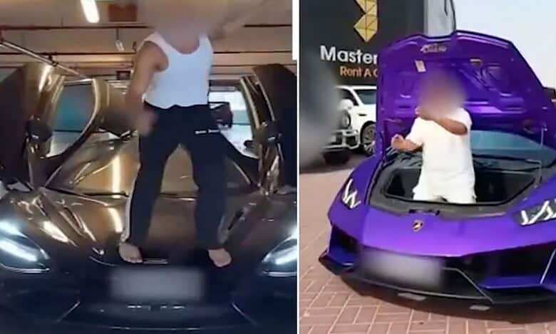 Two images show people doing risky stunts on cars: one stands on a car bonnet in a garage, waving arms like rowing, and another sits inside a Lamborghini's bonnet outside near a 'Master Rent A Car' sign.