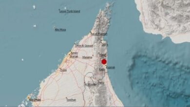 Map of the UAE with a red marker near Fujairah, showing cities like Abu Dhabi, Dubai, and Sharjah, plus the Persian Gulf and Hajar Mountains.