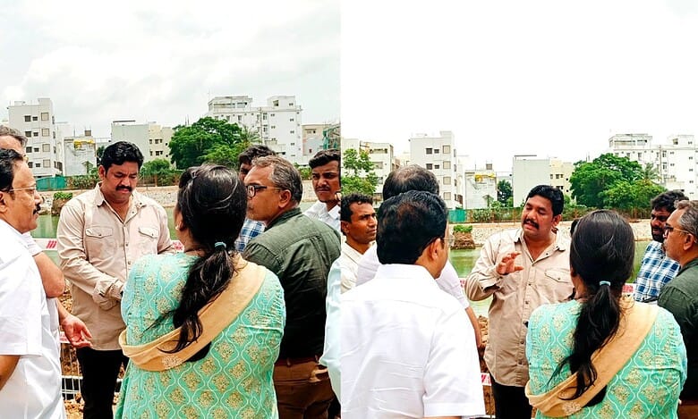 Officials from the Union Ministry of Housing and Urban Affairs review lake restoration efforts in Hyderabad
