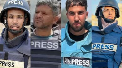 Image shows four journalists who were killed in the Israeli strike on Gaza’s Nasser Hospital, wearing press vests and protective gear.