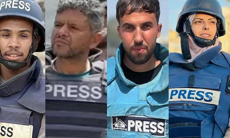 Image shows four journalists who were killed in the Israeli strike on Gaza’s Nasser Hospital, wearing press vests and protective gear.
