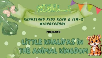 Poster for ‘Little Khalifas in the Animal Kingdom’ children’s workshop, featuring green background, leaves, bunting, and cartoon tiger.