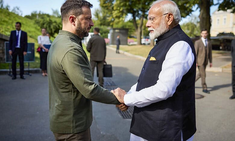 PM Narendra Modi being greeted by the Ukrainian President Volodymyr Zelenskyy