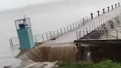 The image shows overflowing water through the spillway of Pocharam Project in Kamareddy district on Wednesday, August 27, 2025.