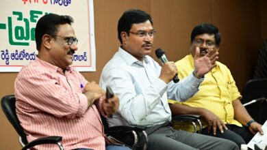 The image shows HYDRAA commissioner AV Ranganath speaking at a 'Meet The Press' programme held at the Basheerbagh Press Club on Saturday, August 23, 2025.