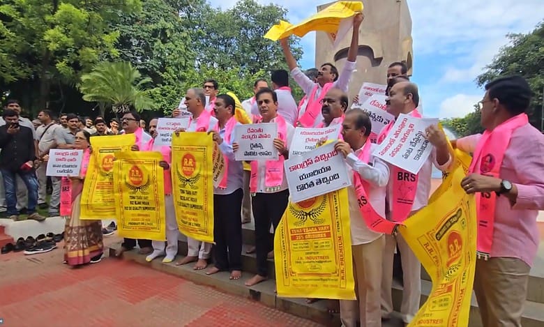 BRS MLAs and MLCs protest at Gun Park in Hyderabad