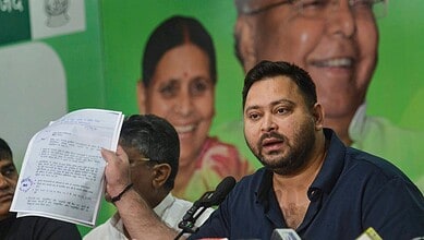 Leader of Opposition in the Bihar Assembly and RJD leader Tejashwi Yadav addresses a press conference in Patna on Saturday. (PTI Photo)