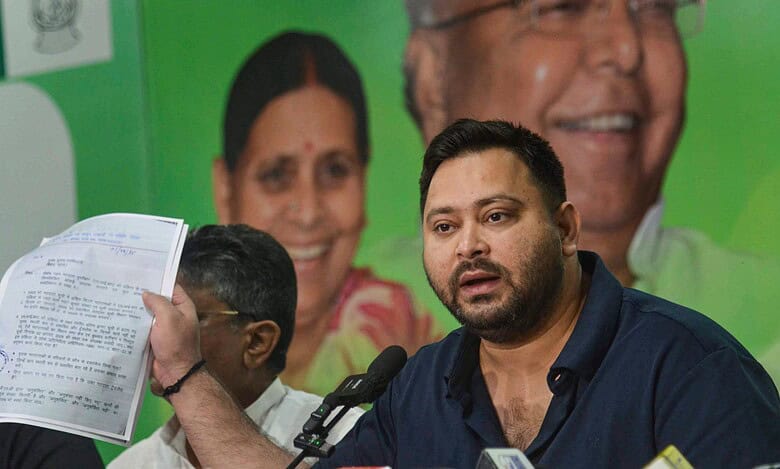 Leader of Opposition in the Bihar Assembly and RJD leader Tejashwi Yadav addresses a press conference in Patna on Saturday. (PTI Photo)