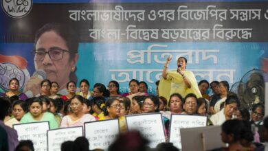 TMC women's cell take part in a dharna as part of the party's 'Bhasha Andolan, in Kolkata on Sunday