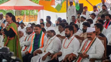Telangana Chief Minister A Revanth Reddy with other leaders during a protest at Jantar Mantar in New Delhi demanding Presidential assent for the two bills passed by the state legislature to increase Backward Classes reservation to 42 percent