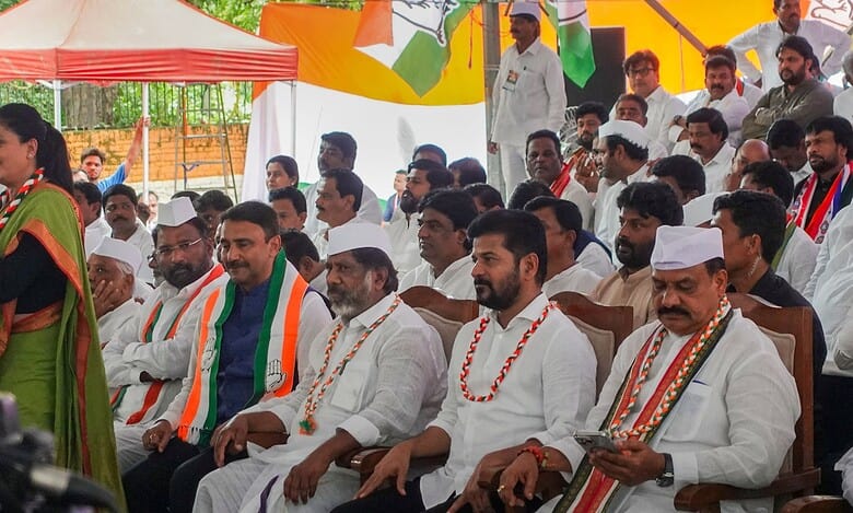 Telangana Chief Minister A Revanth Reddy with other leaders during a protest at Jantar Mantar in New Delhi demanding Presidential assent for the two bills passed by the state legislature to increase Backward Classes reservation to 42 percent